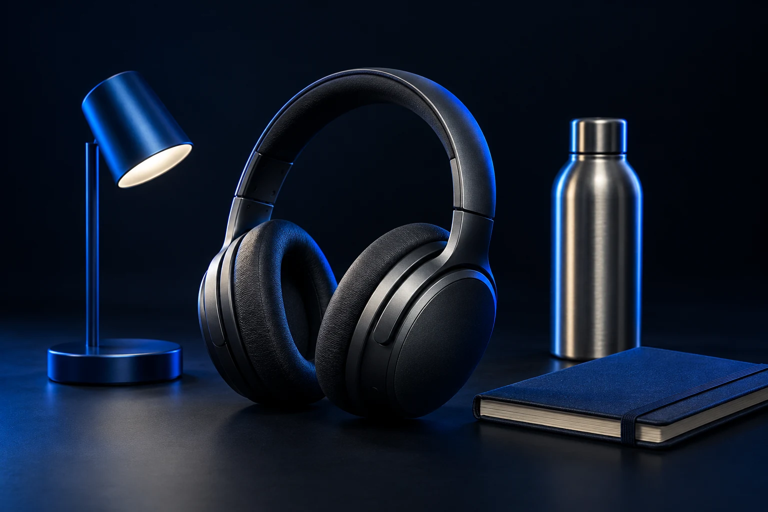Graphite headphones, a blue desk lamp, a silver travel bottle and a navy notebook